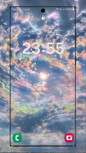 Cute Wallpapers app showing dreamy blue cloudy sky lock screen with time display and home screen icons
