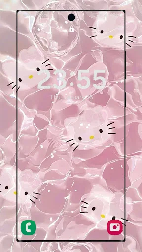Pink liquid texture lock screen wallpaper with cute cat face pattern, displaying time for kawaii phone themes