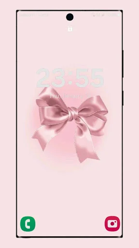 Elegant pink ribbon bow lock screen wallpaper with minimalist design, displaying time for cute phone personalization