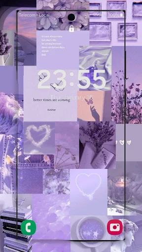 Purple lavender kawaii wallpaper with aesthetic collage layout and heart decorations on lock screen