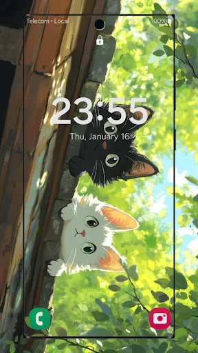Adorable cat peeking from wooden fence wallpaper lock screen with green nature-inspired cute design
