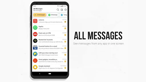Unseen Messenger app inbox showing all messages from multiple apps in unified view for easy access