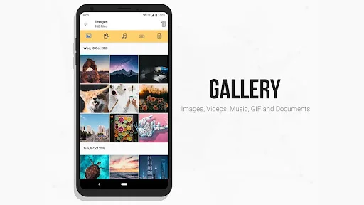 Gallery view in Unseen Messenger displaying saved images, videos, music, GIFs and documents from conversations
