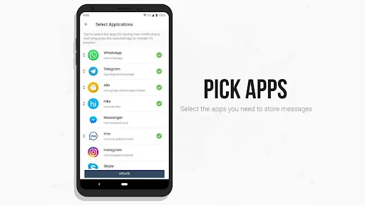 App selection screen in Unseen Messenger to choose messaging apps like WhatsApp, Telegram for monitoring