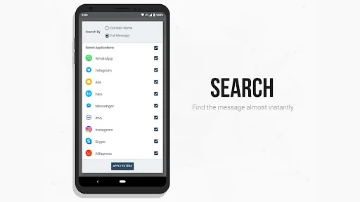 Search interface in Unseen Messenger showing list of messaging apps to quickly find saved messages