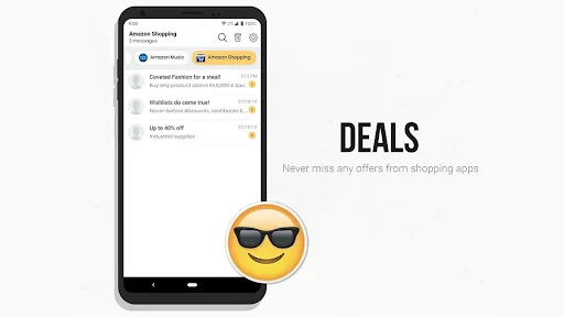 Deals notification screen showing shopping app offers and promotions saved through Unseen Messenger