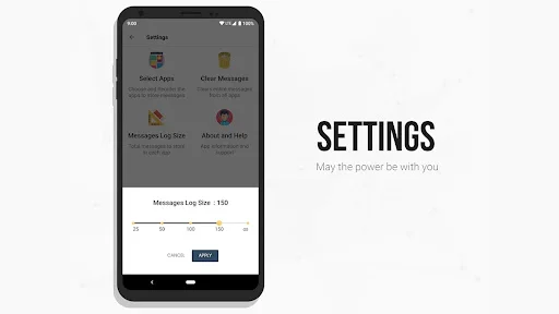 Settings screen in Unseen Messenger with message log size slider and customization options