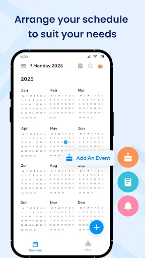 Calendar app 2025 yearly view with monthly grid layout and colorful floating action buttons for adding events