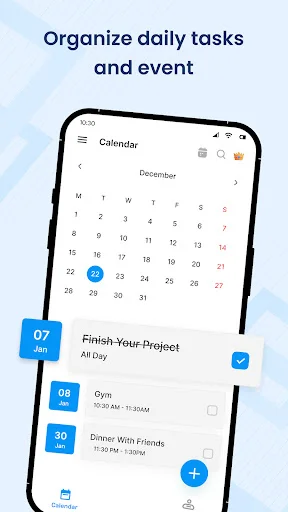 December monthly calendar with daily task organizer showing scheduled events like Finish Project and Gym session