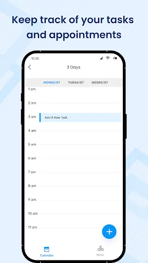 Weekly agenda planner view with 3-day layout and hourly time slots for tracking appointments and tasks