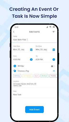Create new event form with date picker, time selection, category tags, and location input fields