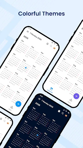 Calendar app theme customization showing multiple color schemes including light and dark mode interfaces