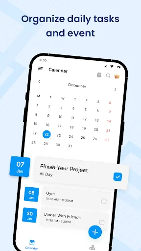 Daily calendar planner showing December schedule with task list including Finish Project, Gym, and Dinner events