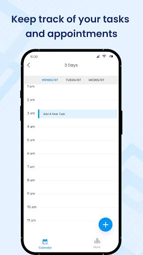 Calendar app 3-day agenda view displaying hourly time slots from morning to afternoon with add task button