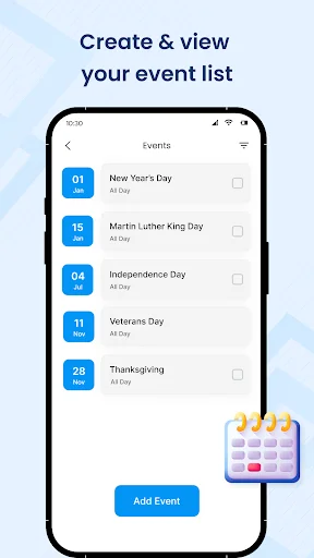 Event list view in calendar app showing holidays like New Year's Day, MLK Day, Independence Day with dates