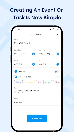 Add event screen in calendar planner app with fields for name, dates, times, tags, location and notes