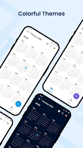 Calendar app colorful themes showcase displaying light and dark mode options for 2025 yearly calendar view