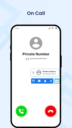 Phone call screen with calendar integration showing Private Number incoming call with quick access buttons