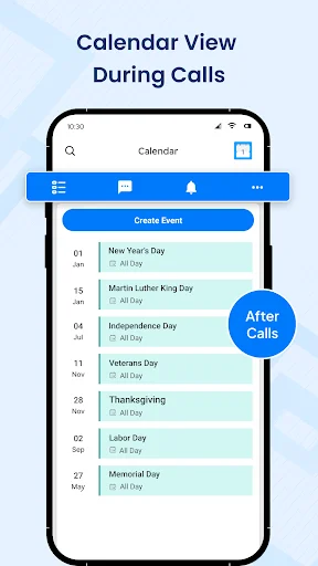Calendar event list view accessible during phone calls showing holidays and Create Event button overlay