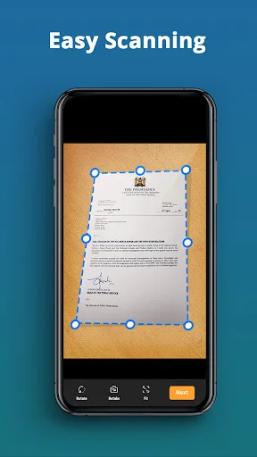 Document Scanner app showing easy scanning feature with document detection and crop handles on phone screen