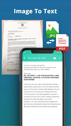 OCR text recognition converting images to editable text and PDF documents in scanner app