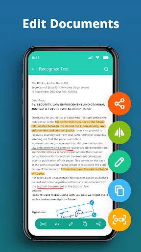 Edit Documents screen in Document Scanner app with text recognition, highlighting, and sharing tools sidebar
