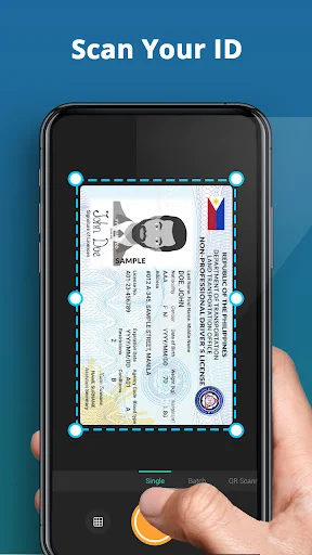 Scan Your ID feature showing ID card scanning with automatic edge detection and crop corners on mobile device