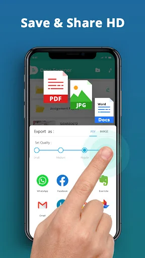 Save & Share HD export options showing PDF, JPG, Word formats and sharing to WhatsApp, Facebook, Gmail apps