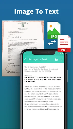 Image To Text OCR feature converting scanned document from JPG to PDF with text recognition capability