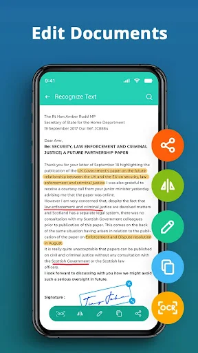 Edit Documents feature with text highlighter, share, crop, and delete tools for scanned PDFs and images