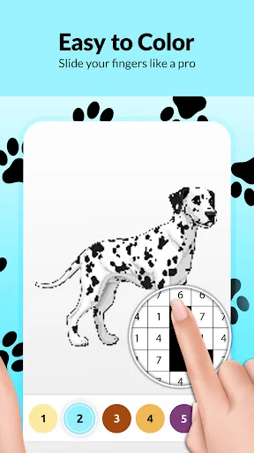 Dog pixel art coloring game featuring dalmatian with numbered grid overlay and finger-slide painting method with multiple color selection options