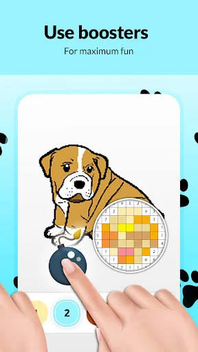 Dog pixel art gameplay with booster power-ups feature, grid-based coloring interface, and enhanced fun mechanics for pixel painting completion