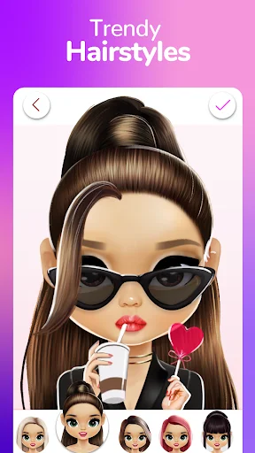 Trendy hairstyles selection screen in Dollicon showing stylish avatar doll with various hair options