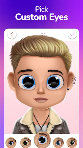 Custom eyes picker in Dollicon showing male avatar doll with different eye color options