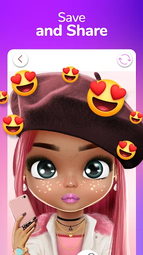 Save and share avatar screen in Dollicon with customized doll character and emoji decorations
