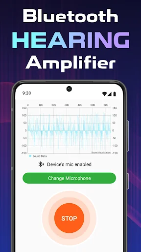 Bluetooth Hearing Amplifier app main screen with sound visualizer, mic status, and stop button for audio amplification