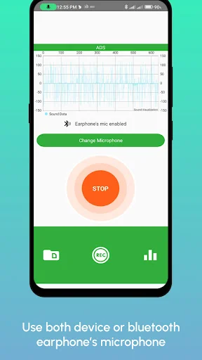 Use device or bluetooth earphone microphone option with sound visualizer for hearing amplifier listening device