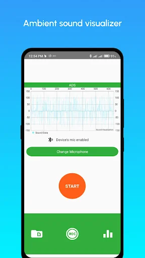 Ambient sound visualizer with start button showing real-time audio frequencies for hearing aid app