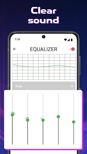Clear sound equalizer screen with frequency sliders and Folk preset for customized hearing aid audio enhancement