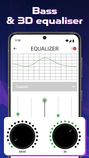 Bass and 3D equalizer screen with custom frequency controls and audio enhancement dials for hearing amplifier