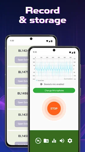 Record and storage feature showing saved audio files list with bluetooth mic enabled sound recording interface