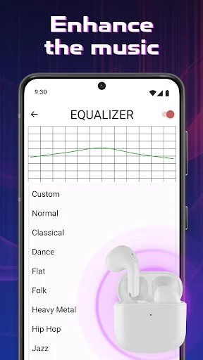 Enhance music with equalizer presets including Normal, Classical, Dance, Folk, and Hip Hop for hearing aid app