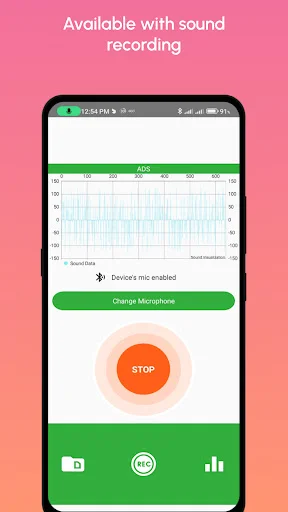 Sound recording interface with visualizer, bluetooth earphone mic enabled, and stop button for audio capture