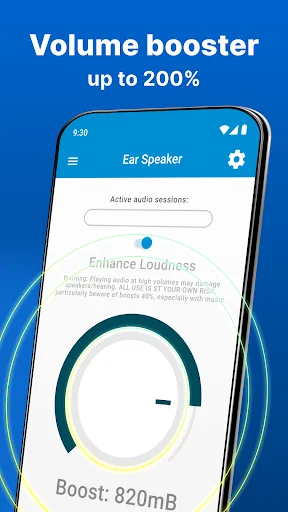 Ear Speaker hearing amplifier showing 820mB volume boost capability with loudness enhancement feature