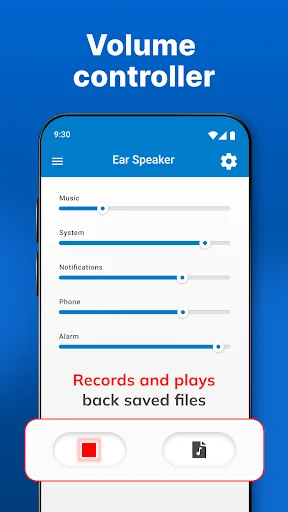 Ear Speaker volume controller screen with sliders for music, system, notifications, phone, and alarm audio levels