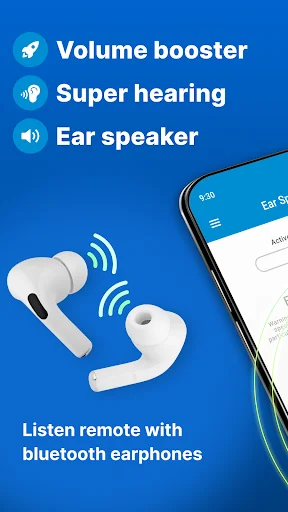 Ear Speaker hearing aid app promoting volume booster, super hearing, and bluetooth earphone compatibility features