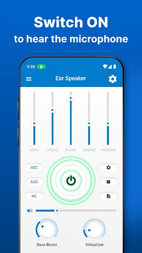 Ear Speaker app interface for activating microphone amplification with equalizer and audio enhancement controls