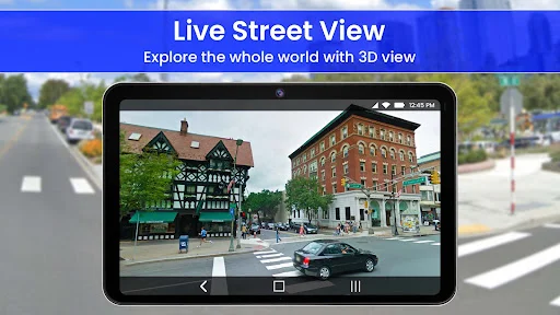 Live Street View: Street-level 3D view of town center with buildings, shops and street navigation