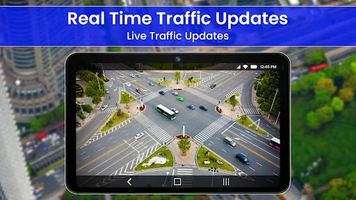 Real-time traffic updates: Aerial view of busy intersection with live traffic conditions and vehicle tracking