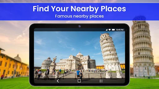 Find nearby places: Map view of famous landmarks including Leaning Tower of Pisa and historic buildings
